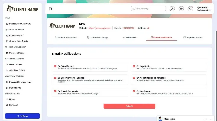 ClientRamp administration panel for managing user settings, permissions, and subscriptions.