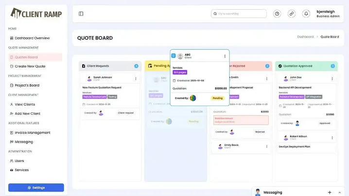 ClientRamp interface showing how to create and track project quotes, monitor status, and automate follow-ups.